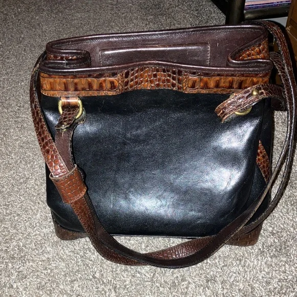 Brahmin Black and Brown Genuine Leather Croc Embossed Shoulder Bag 10” X 10” - Picture 8 of 16